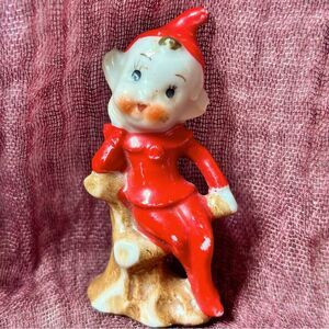 Vintage Mid Century Christmas Elf Pixie Perched on Wood Stump